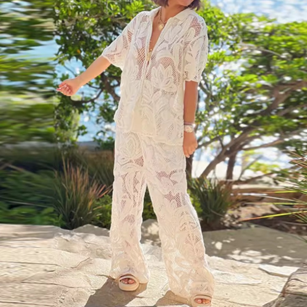ShopEvelynne Cream Crochet Two-Piece Pantsuit